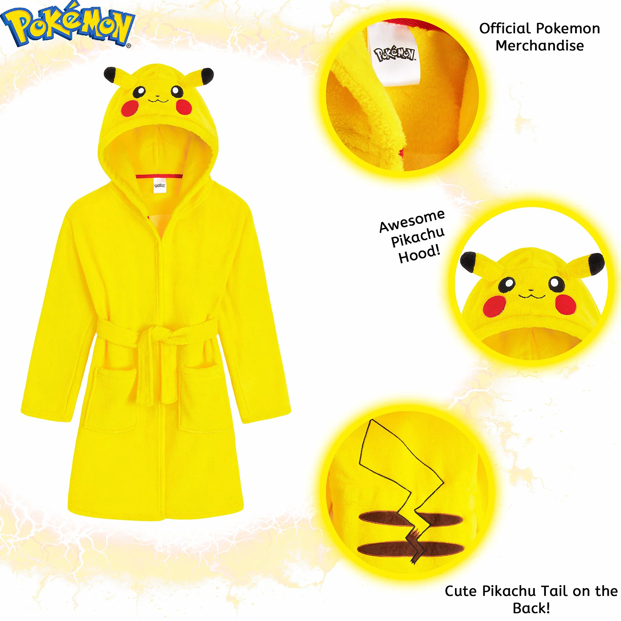 Pokémon Robe De Chambre Enfant De Pikachu, Peignoir Garçon Ou Fille en Polaire Douce avec Capuche Taille 4-14 Ans