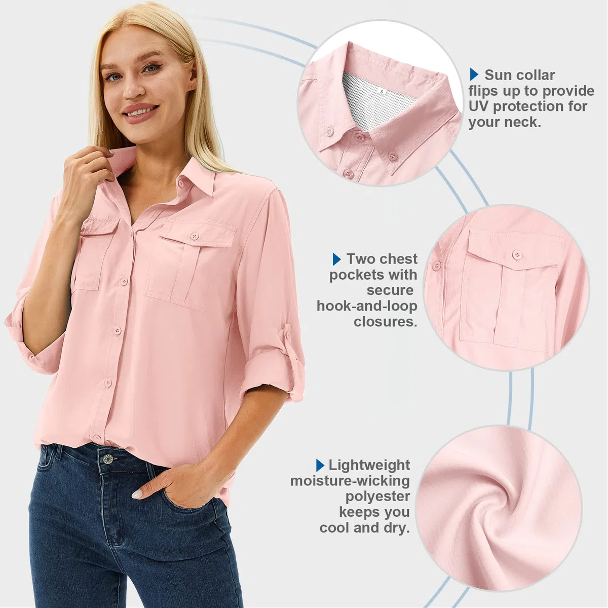 Chemisier pour femme UPF 50+ UV - Protection solaire - Vêtement de safari - Manches longues - Respirant - Pour l'extérieur - Séchage rapide