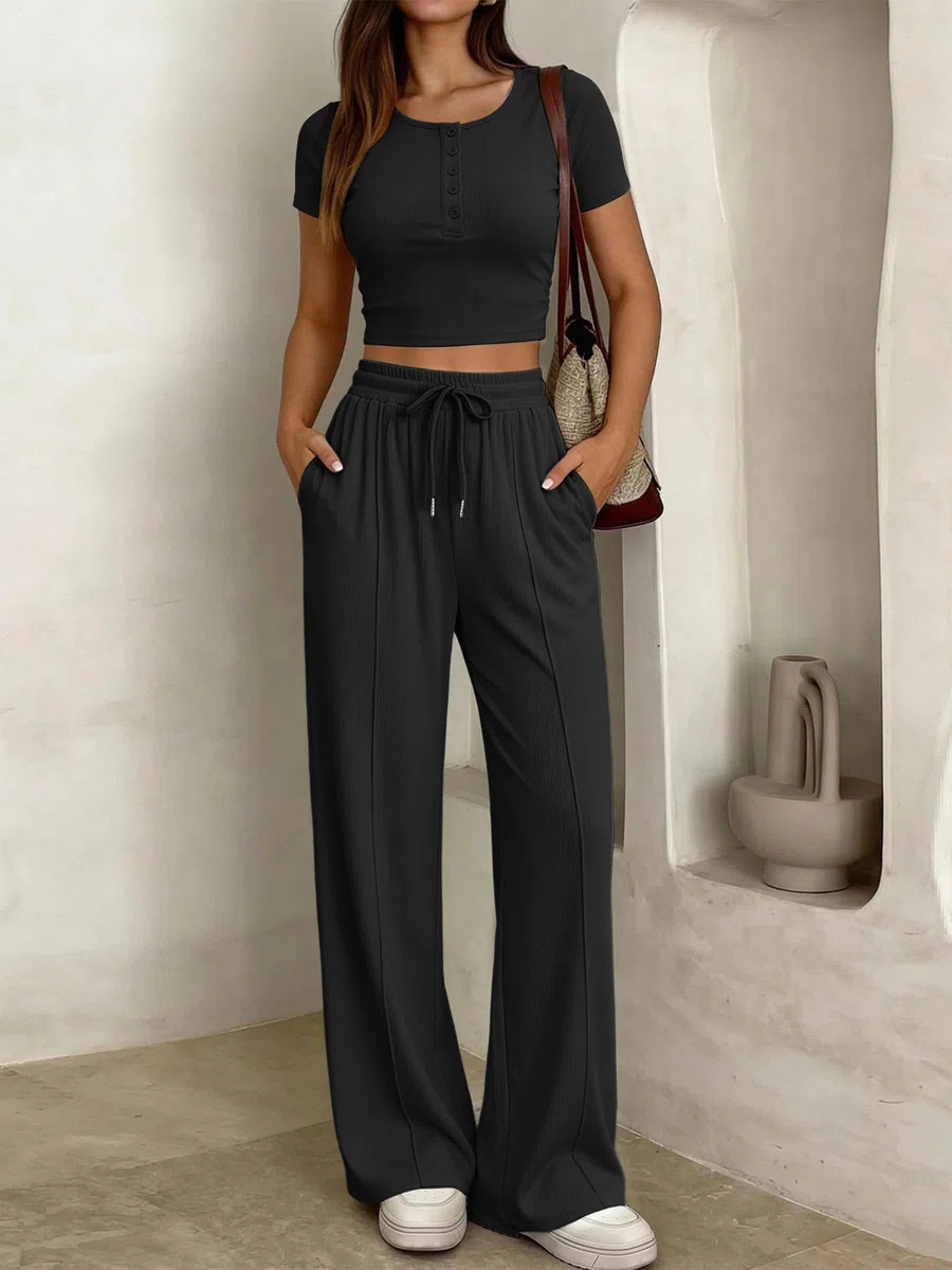 JFAN Ensemble Femme 2 Pièces Casual de Sport Slim Fit Short Sleeve Top et Cordon Pantalon avec Poches Loungewear Chic Outfit Été Automne Survêtement Suit