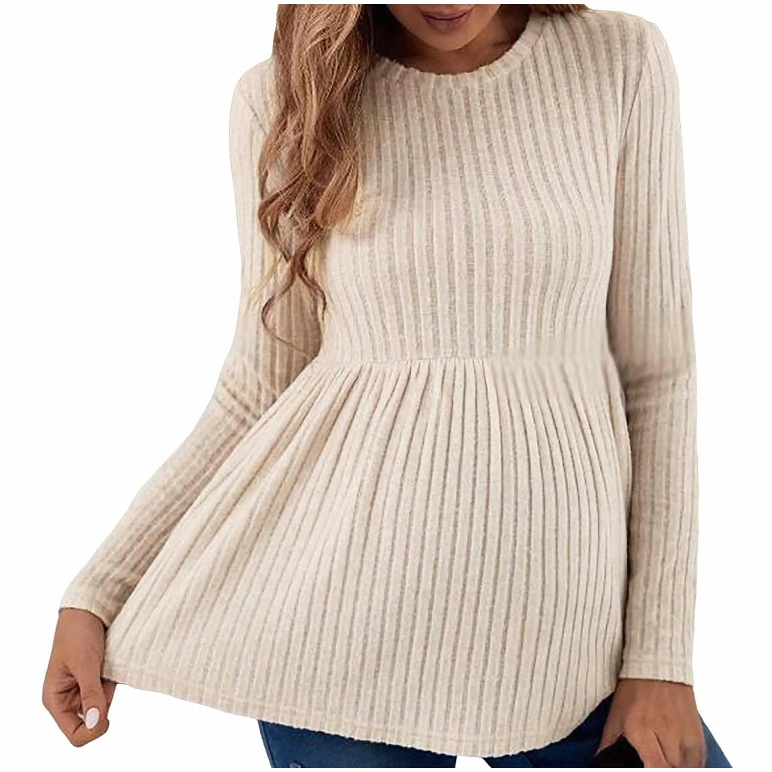 Pull de maternité à manches longues pour femme - Tunique de grossesse - Col rond - Côtelée - Confortable - Pour femmes enceintes et mères