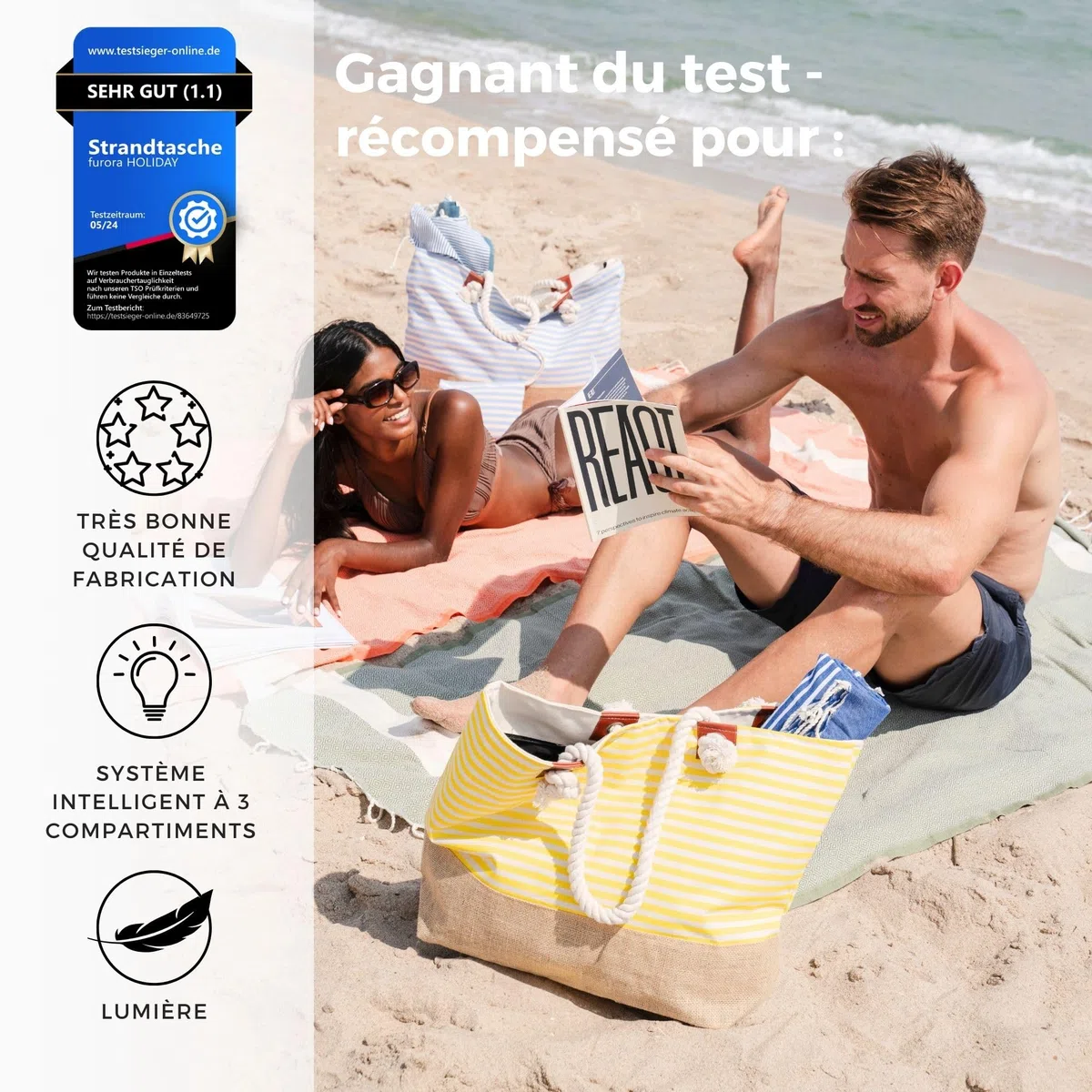 Sac de Plage XL - avec fermeture éclair et 2x poches intérieures (pour maillots de bain mouillés et objets de valeur) | Sac de Voyage femme + homme