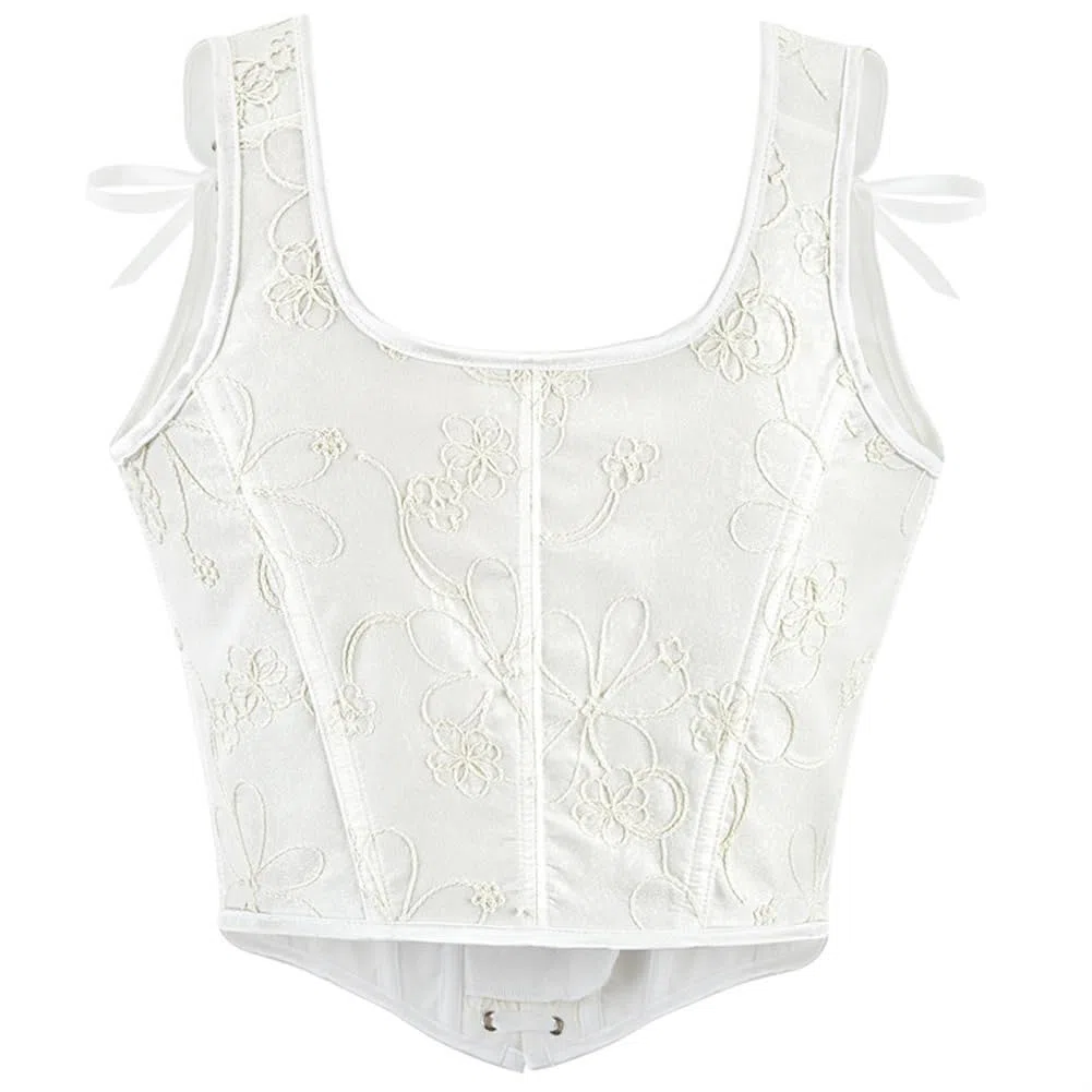 DISSA Corset Bustier à Laçage Frontal et Armature | Motif floral brodé, bretelles larges à nœuds, laçage frontal, armatures verticales, fermeture crochet