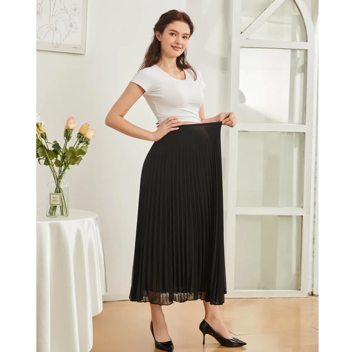 COLOMI Jupes longues pour femmes d'été de maternité, taille haute élastique, jupe plissée en mousseline de soie, jupe trapèze longue trapèze