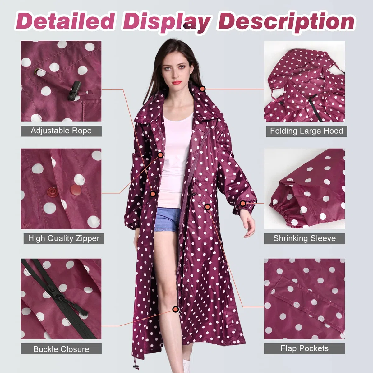 LAMA Manteau imperméable long élégant, vetement de pluie poncho de pluie unisexe avec poche à rabat imperméable, vêtements de pluie pour adultes, veste de pluie vêtements de protection contre la pluie