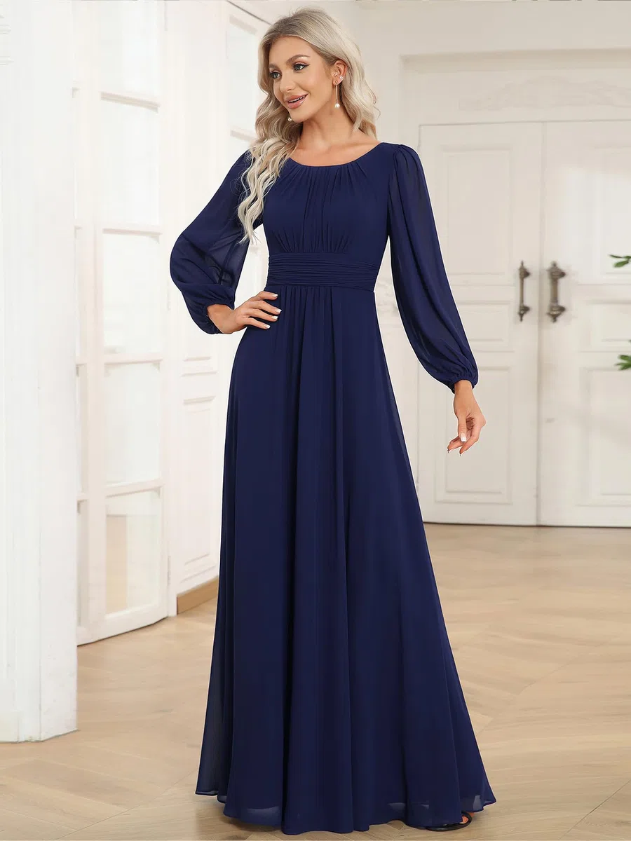 Ever-Pretty Robe Demoiselle d'honneur Femme Longue Manches Longues Col Rond Mousseline Chic ES0106B