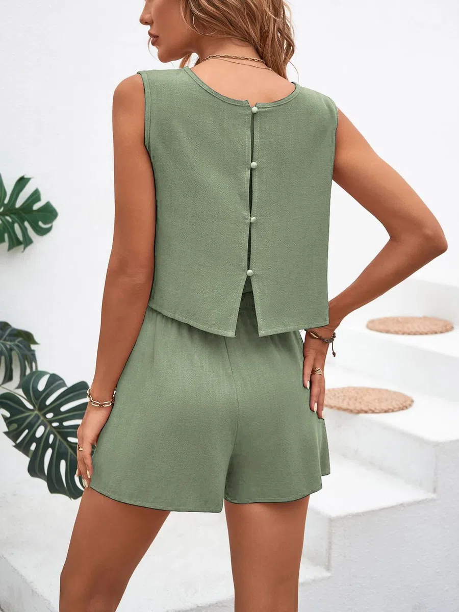 SurvêTement de Sport DéContracté Pour Femmes Ensemble DéContracté de Shorts Sans Manches Pour Femmes Chic et Elegant Haut Sans Manches et Short à Taille Haute Avec Poches