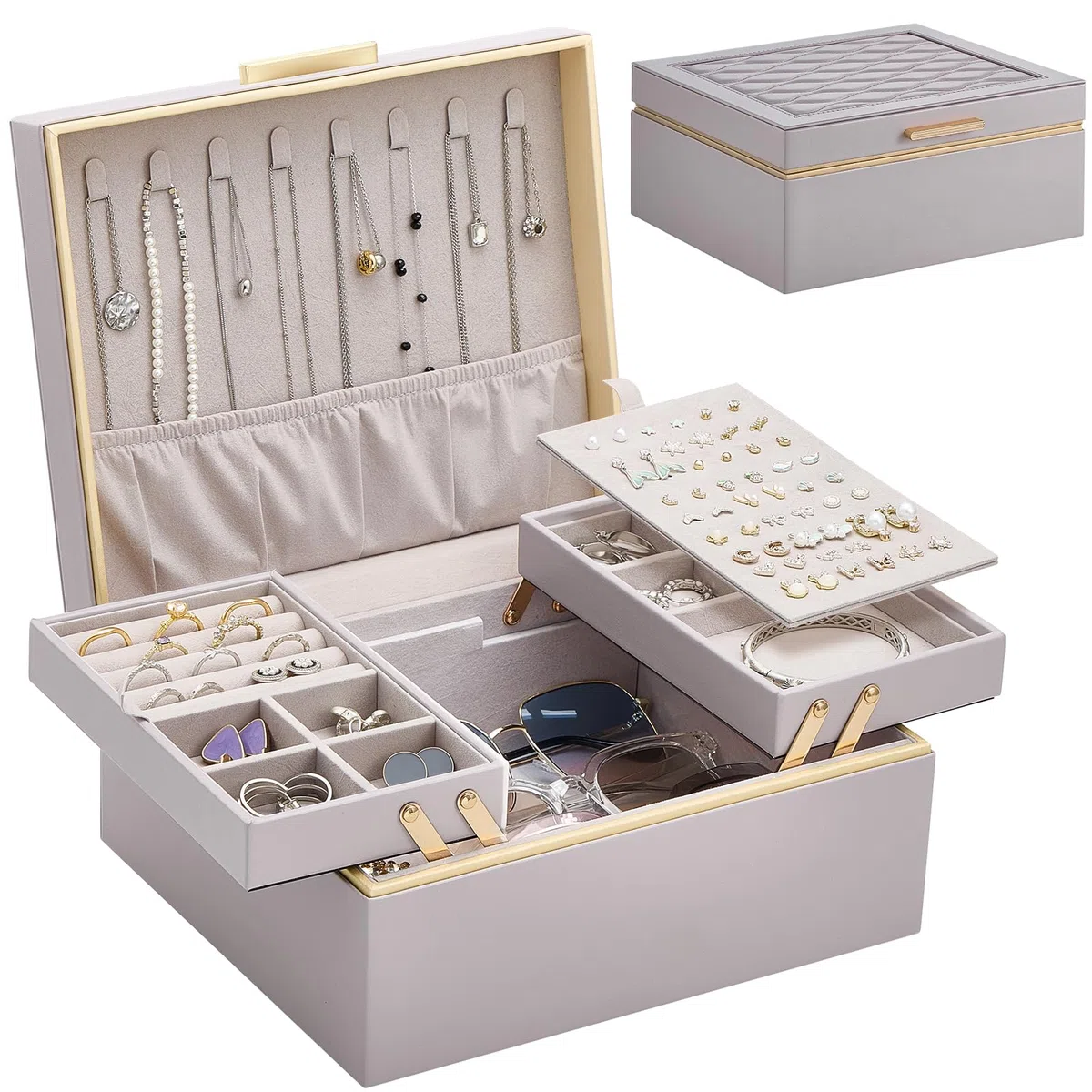 Lolalet Boîte à Bijoux, Coffret de Rangement pour Bijoux en Cuir PU, Multi-Compartiments pour Colliers, Bagues, Boucles d’oreilles, Bracelets et Lunettes de Soleil -2 Niveaux, Violet Brume