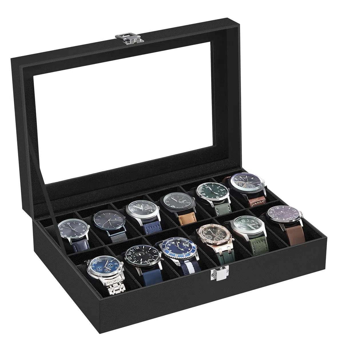 SONGMICS Boîte à Montres, 12 Emplacements, Coffret à Montres, Écrin, Couvercle en Verre, Coussinets Amovibles, Serrure en Métal, Revêtement en Noir et Doublure en Noir JWB12B