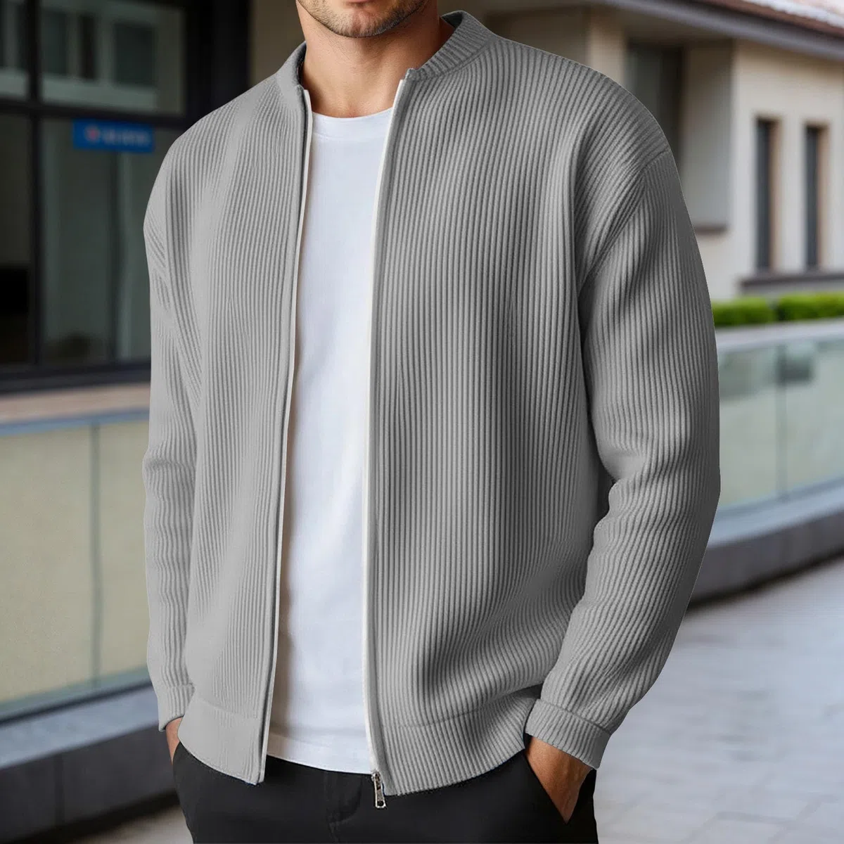 Cardigan pour homme avec fermeture éclair - Pull sans capuche - Motif torsadé - Veste décontractée en tricot côtelé - Manches longues - Manteau en tricot uni