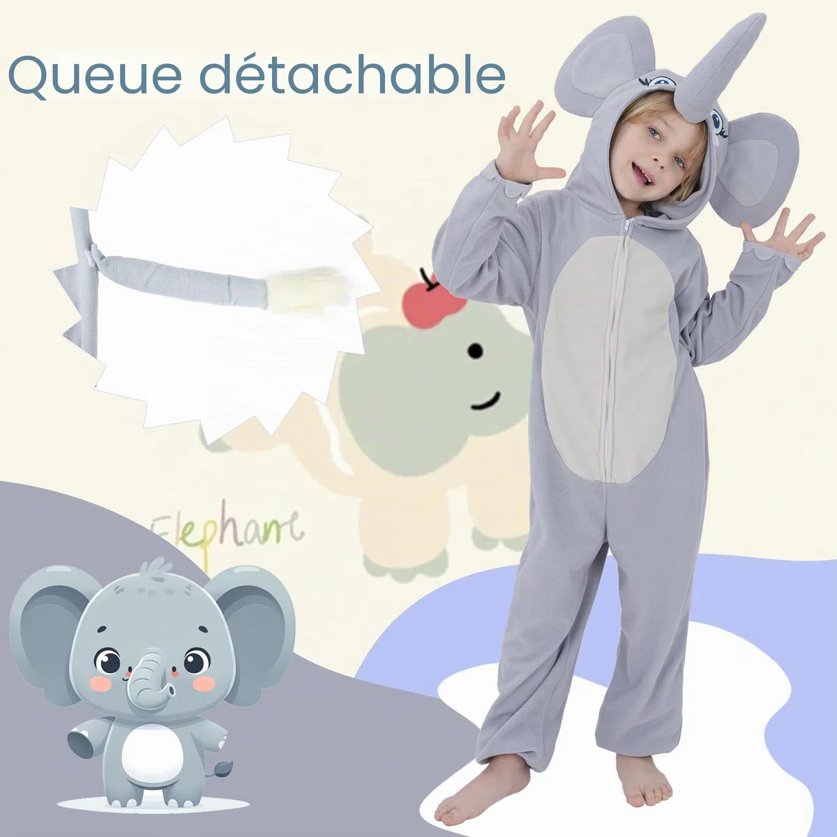 Sincere Party Costume de cache-couche éléphant mignon en toison, combinaison d'éléphant à capuche vive pour garçons et filles L(8-10)