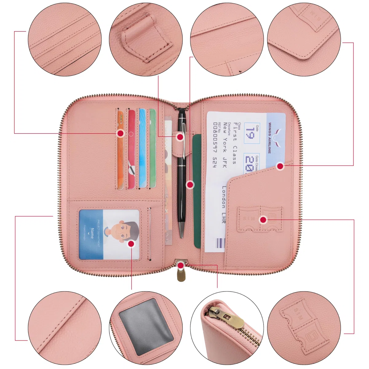 WASON Portefeuille Passeport de Voyage en Cuir avec Fermeture Éclair Protection RFID, Étui Passeport avec Compartiments pour Cartes, Argent, Pièce d'Identité, Carte d'Embarquement et Billets (Rose)
