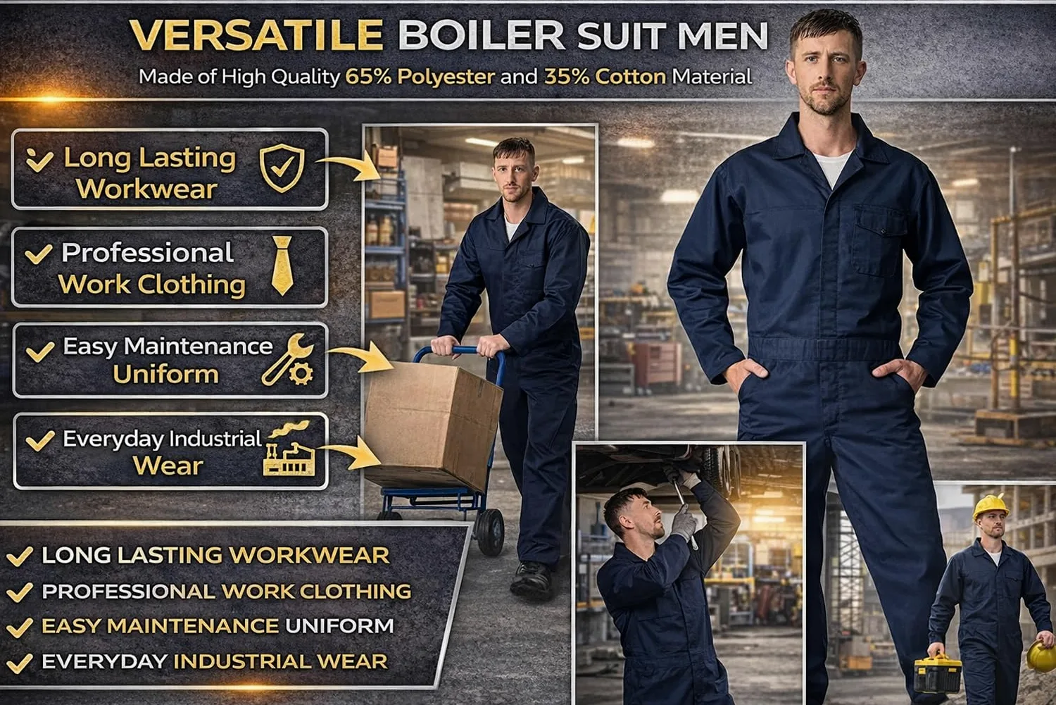 GRS C2 Combinaison de travail pour homme Bleu marine foncé – Combinaison de protection pour mécanicien, atelier, entrepôt, université, étudiants, garages, bricolage