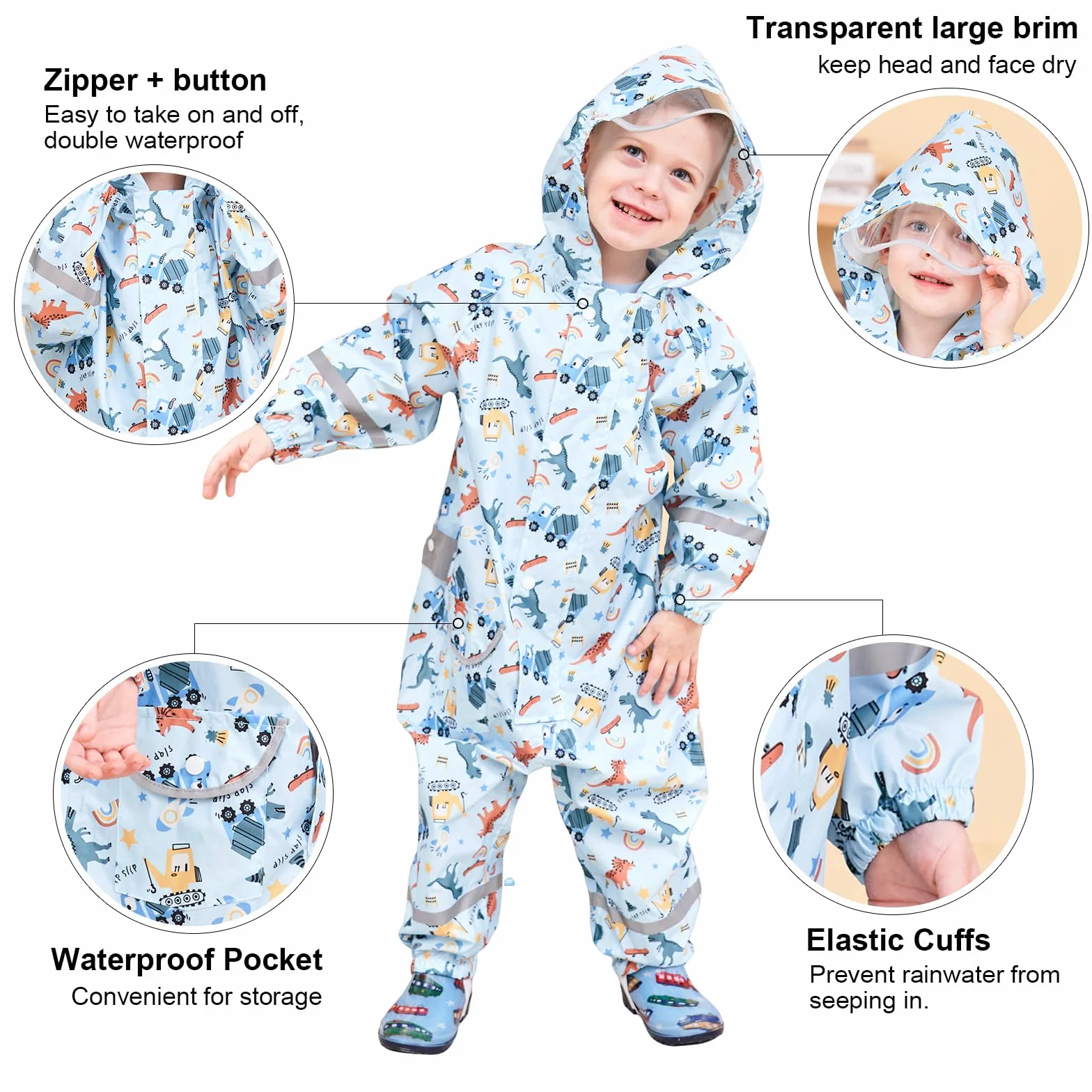 Combinaison de Pluie pour Enfants Garçons Filles Imperméable Une Pièce Combinaison Imperméable Zippée Poncho de Pluie Respirante Vestes de Pluie Léger 1-10 Ans