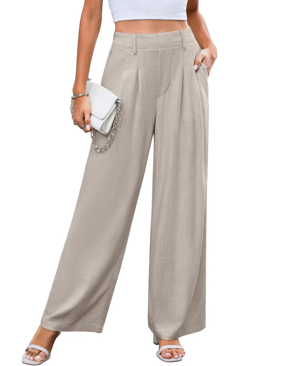 CMTOP Pantalon Lin Femme Été à Jambe Droite Ample Décontracté Fluide Taille Haute avec Cordon de Serrage Elastique et Poches