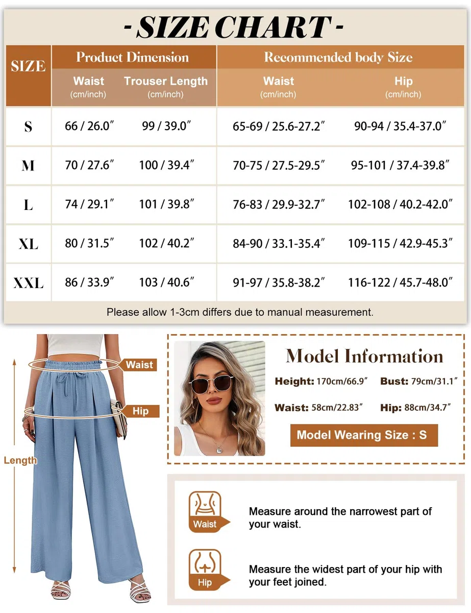 CMTOP Pantalon Femme Été Fluide à Jambes Larges Taille Haute Elastique avec Cordon de Serrage, Léger et Elegant de Plage Décontracté avec Poches