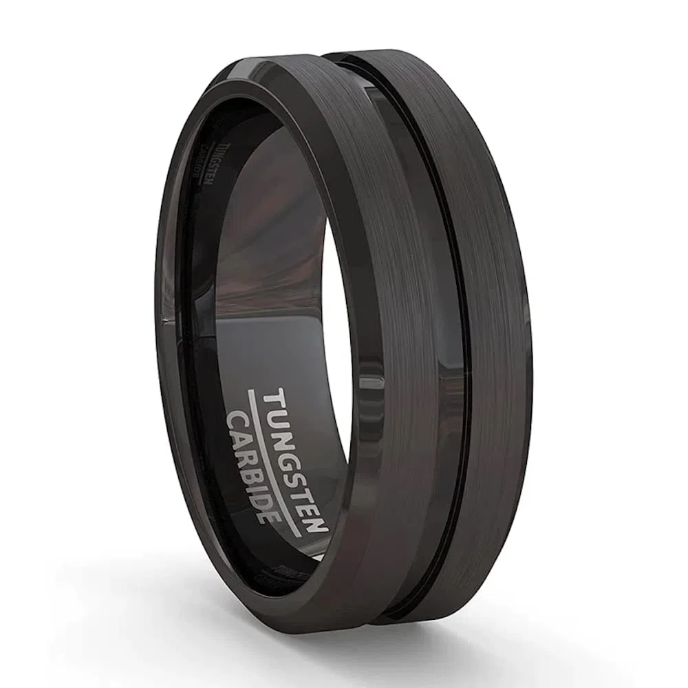 ZENSE - Bague homme en acier noir mat avec rainure ZR0170