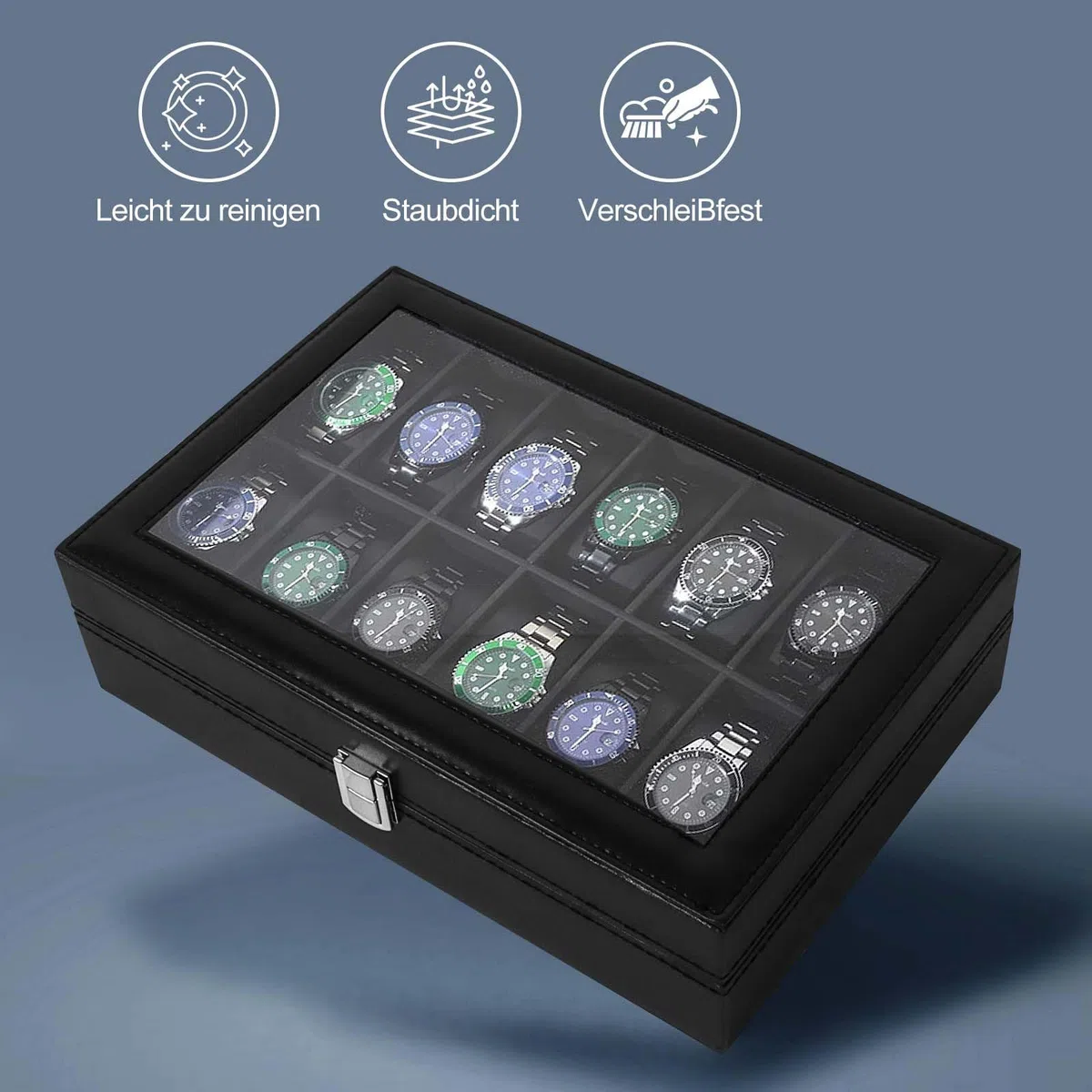 Boîte à Montres à 12 Emplacements, Coffret à Montres,Présentoir à Montres,avec Couvercle en Verre,Coussinets Amovibles,Cadeau pour Homme,Boîte Rangement Montre pour Hommes Femmes,Noir