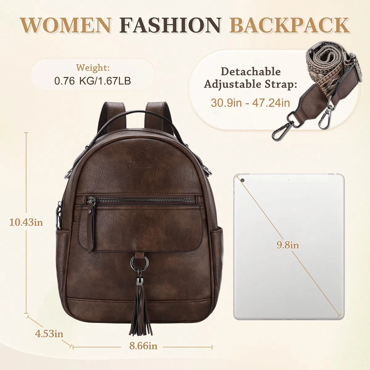 Chase Chic Petit Sac à dos Femme,Sacs à Main Portés Dos Femme en Cuir,Sacs à Dos Cartable avec Sangle de Guitare Amovible