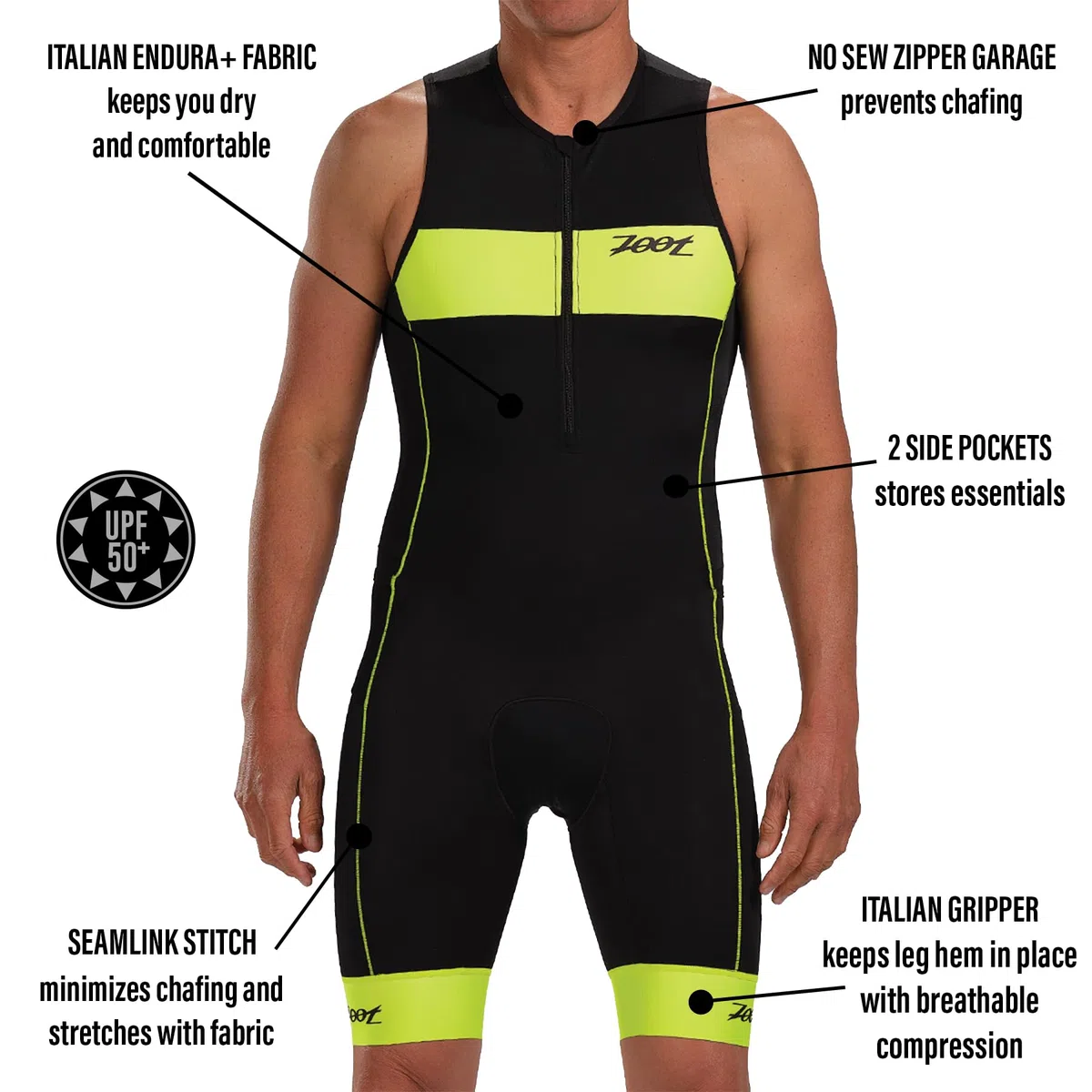 Zoot Combinaison de triathlon Core Tri Tank pour homme, sans manches, rembourrage en chamois, poches, UPF 50+, tissu à séchage rapide