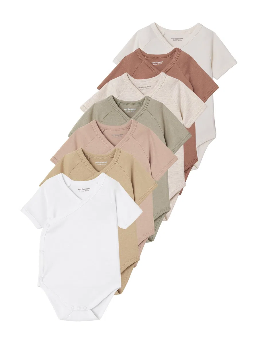 VERTBAUDET Lot de 7 bodies bébé manches courtes ouverture naissance BASICS