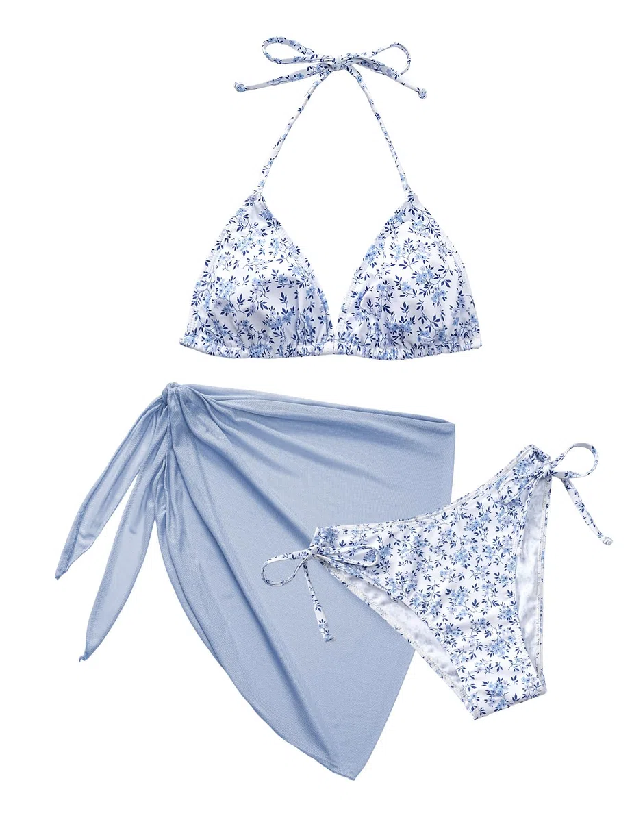 Maillot De Bain Femme 3 Pieces Push Up Rembourré Sexy Halter Triangle Bikini Maillots Trois PièCe Ajustable Swimsuit Sexy Col V Chic Et Elegant avec Jupe