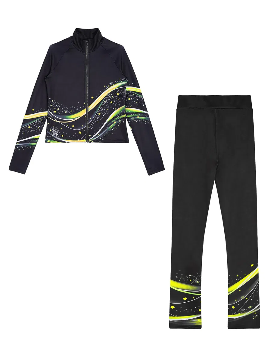 ranrann Ensemble Patinage Artistique Fille Veste Chaud Polaire avec Pantalon Collant Legging Tenue Patinage sur Glace Sport A Jaune fluo 9-10 ans