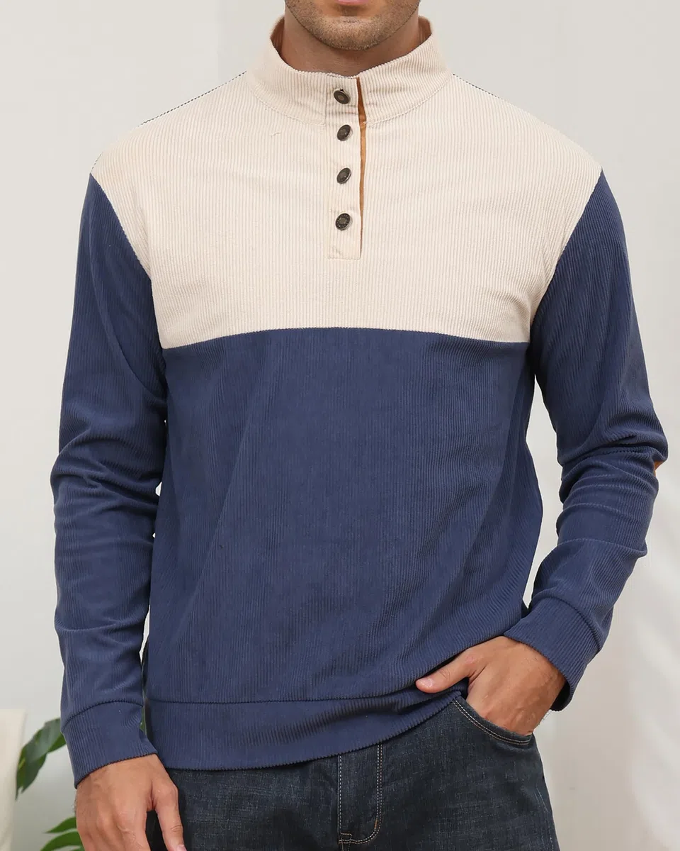 PRIVIMIX Sweat Homme sans Capuche Léger Pull Col à Boutons Sweatshirt Velours Côtelé Sweet M-3XL