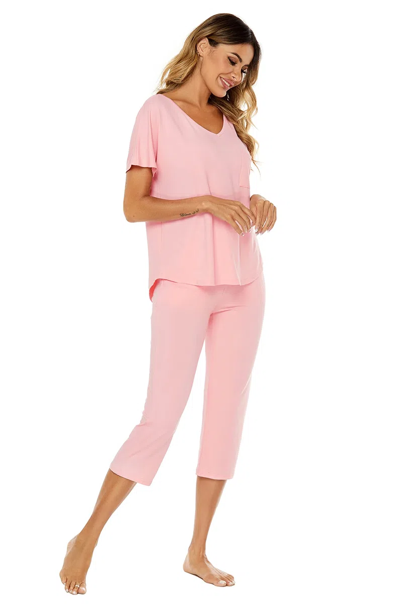 Survêtements Coton Femme Ensemble de Pyjama 2 Pièce Sportswear Jogging Été Col en V Haut et 3/4 Pantalon Sweat Suit Tenue Sport Ensemble Vêtements de Nuit