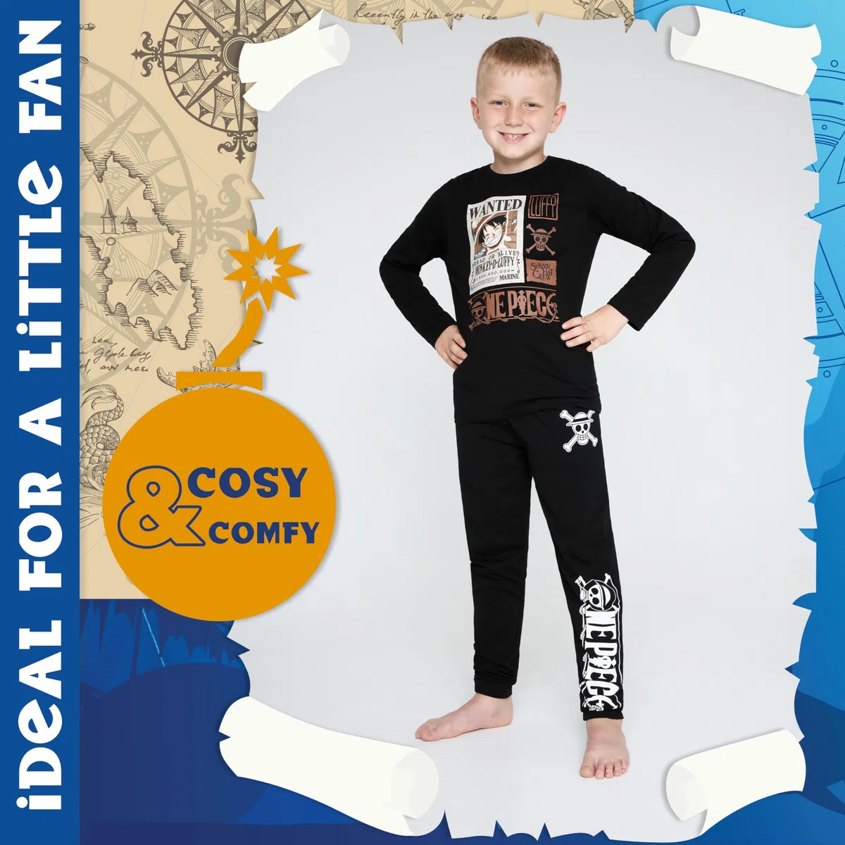 One Piece Ensembles de Pyjama Garçon, Pyjama Enfant Garcon Hiver Chaud Cadeau Anime Manga Enfant Ado 7-14 Ans