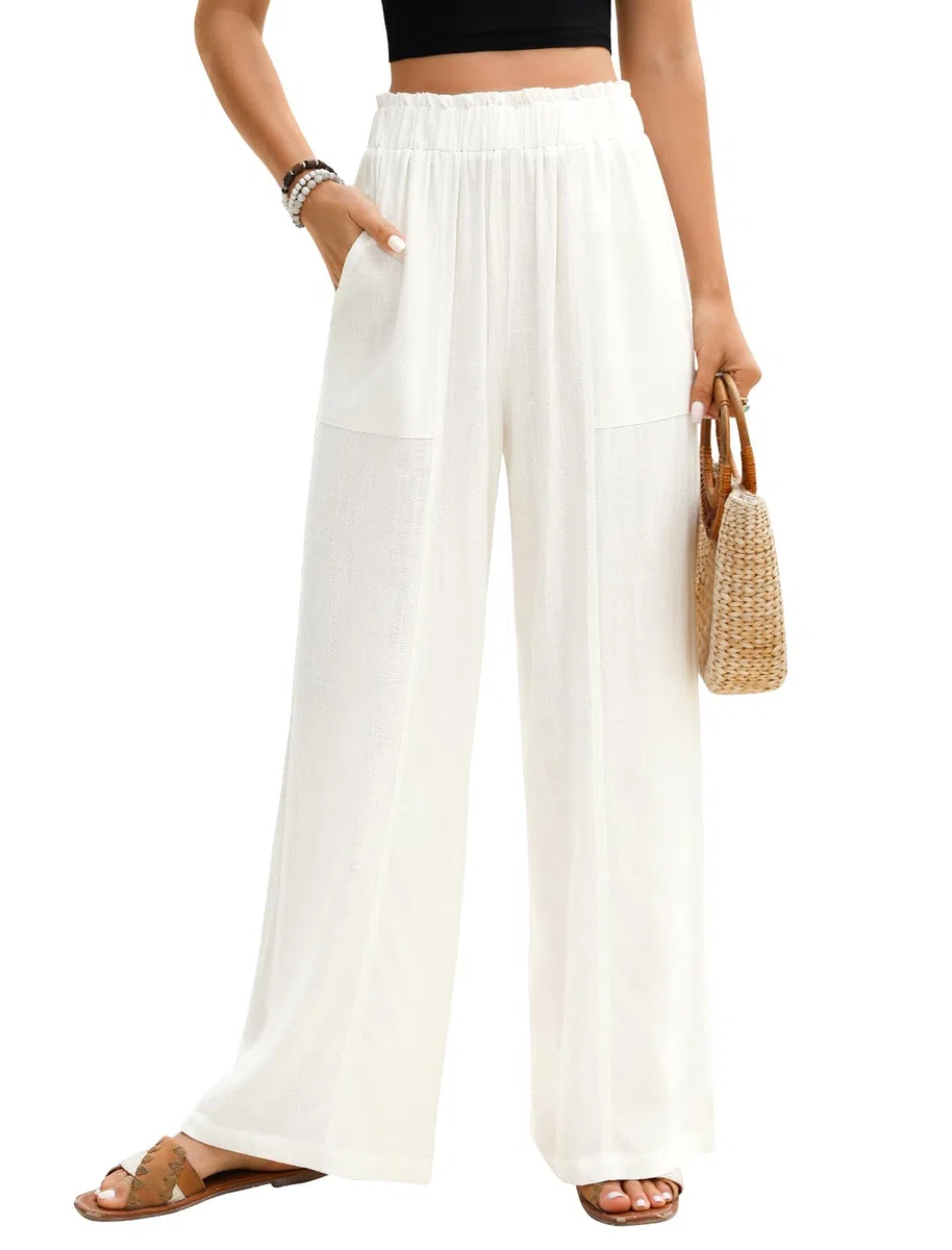 Pantalon Femme Été Fluide Pantalons Lin Taille Haute Elastique Pantacourt Jambe Large Ample Léger Pantalon Décontractée Longueur Pants Chic et Elegant avec Poches