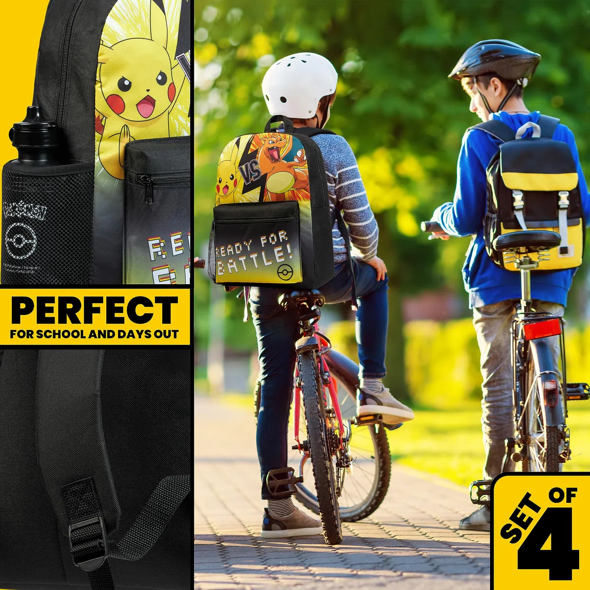 Pokémon Sacs à Dos pour Enfant Set 4 Pc Bouteille d'eau Sac a Dos Trousse Sac à Lunch Isotherme ou Portefeuille Anime Fournitures Scolaires (Noir/JauneEnsemble de 4 Pièces)