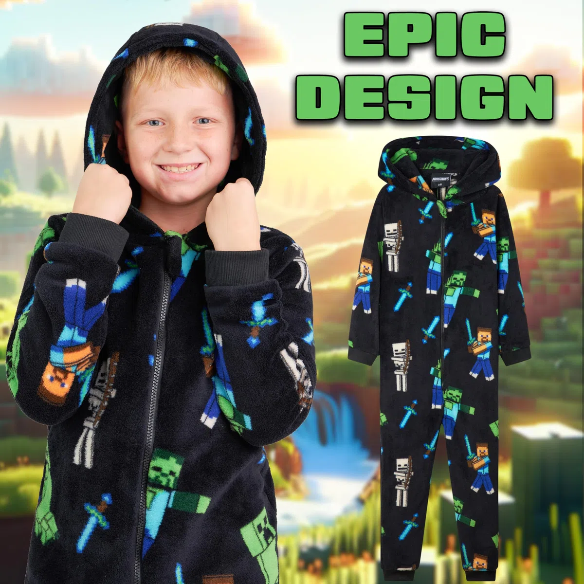 Minecraft Combinaison Polaire Garçon Ado, Combinaison Pyjama à Capuche, Vêtements de Nuit Enfants - Cadeau Gamer