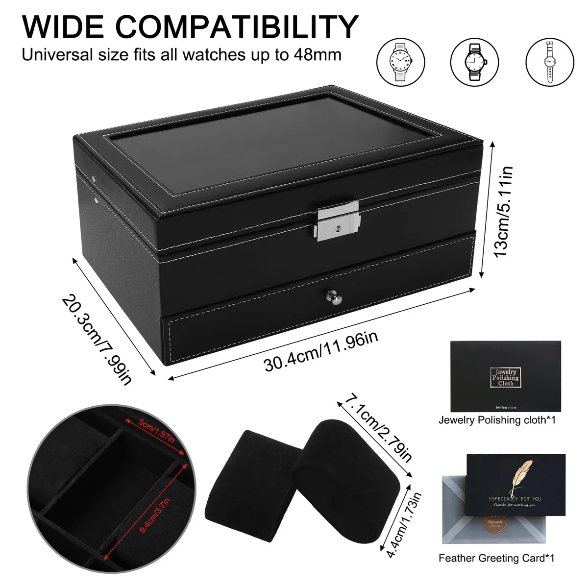Boîte à montres à 2 couches,Coffret à Montres avec couvercle en verre,Rangement pour Montres en Cuir,12 compartiments et 1 tiroir,pour montres, bagues, bracelets,Boîte de Montre Noir