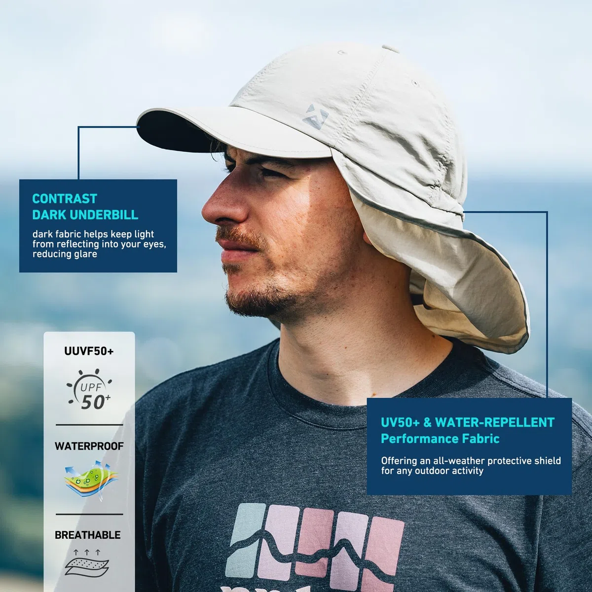 TOP-EX Casquette de baseball imperméable pour homme et femme avec rabat de cou, protection UV, pliable, chapeau d'été, safari, randonnée, chapeau de plein air, respirant, réglable