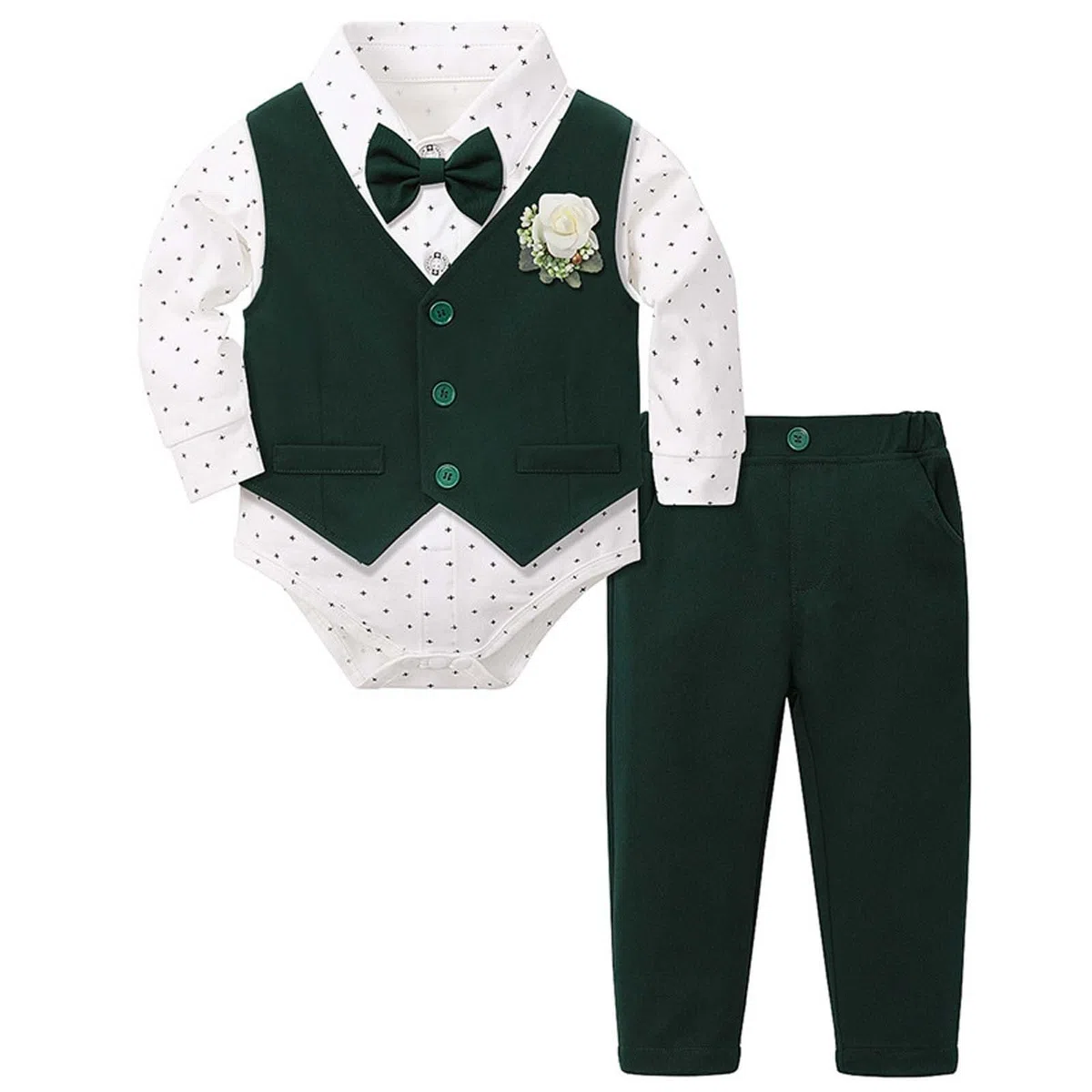 Costume Bebe Garcon, 3pcs Ensembles Mariage Gentleman Vêtements Combinaison + Breast Flower Vest + Pantalon