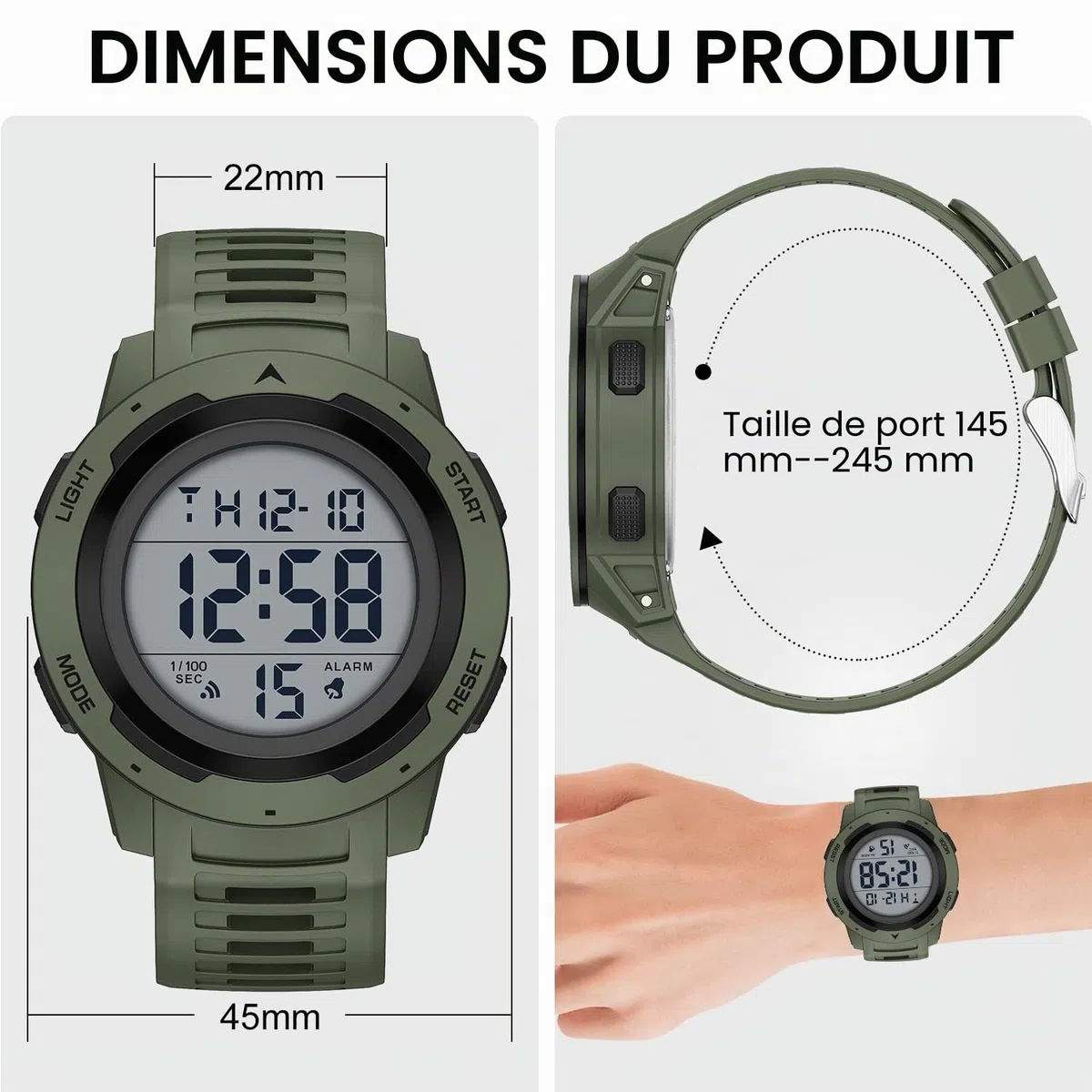 GOLDEN HOUR Montre de Sport numérique étanche pour Homme - Grand écran Facile à Lire - Style Militaire avec Bracelet en Caoutchouc
