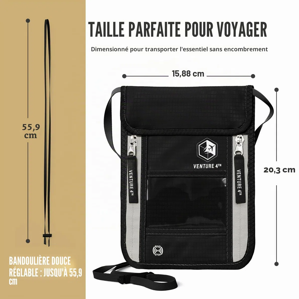 Pochette Tour de Cou Voyage Ceinture et Protection RFID (Black)