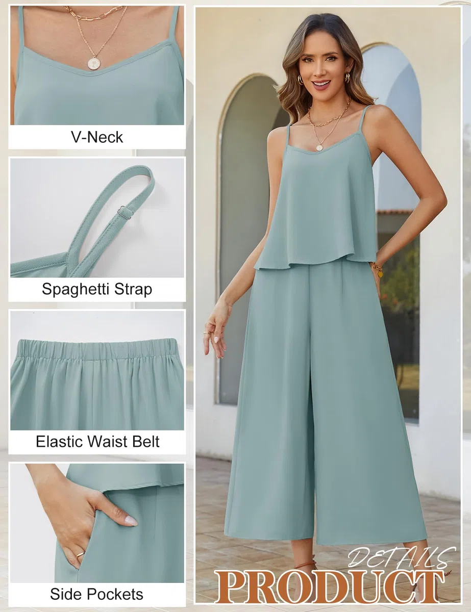 Ensemble Femme Été 2 Pieces Tops sans Manches et Taille Haute Pantalons Fluide Décontracté Jambe Large avec Poches Chic et Elegant Outfit Loungewear Set