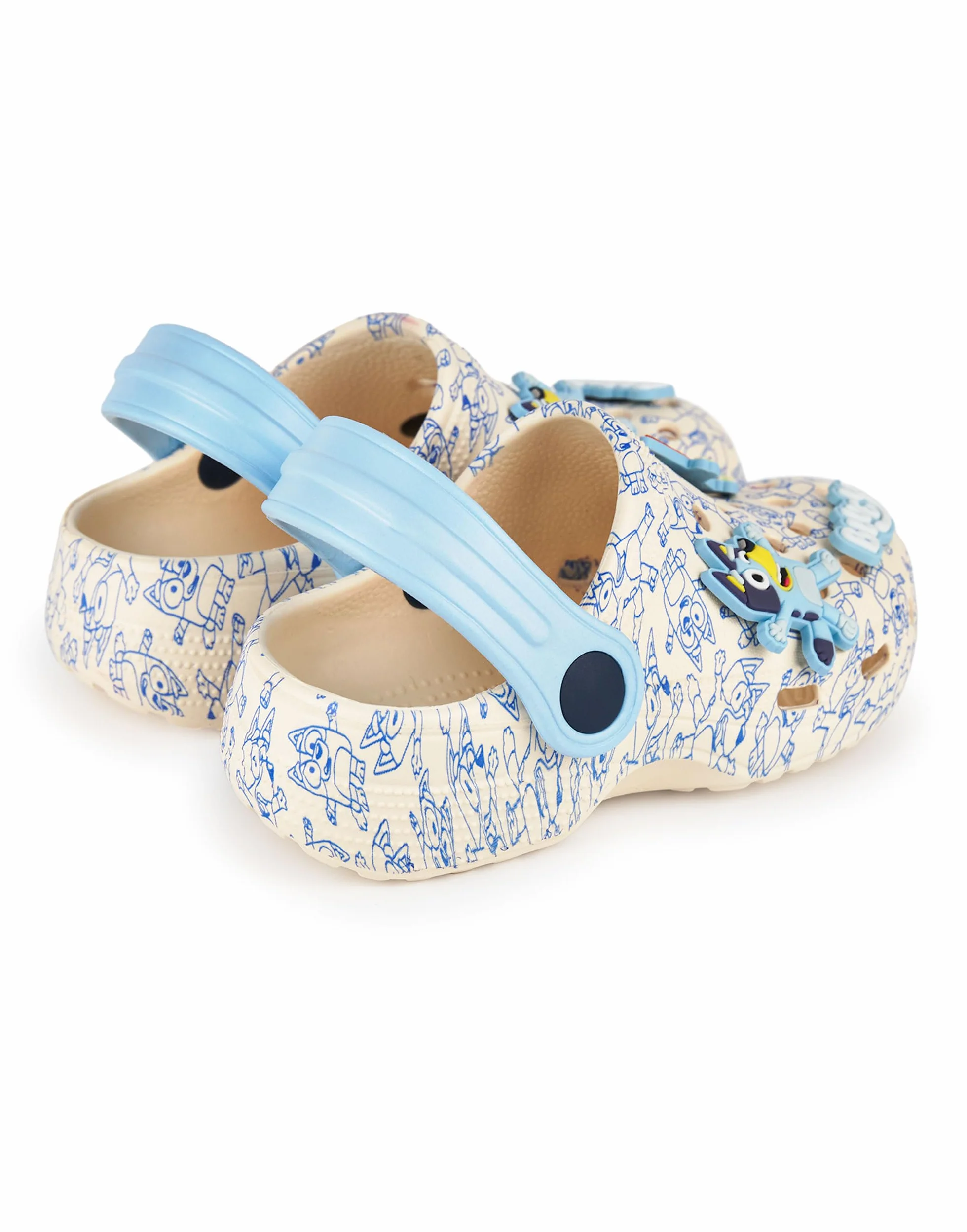 BlueY Sabots pour garçons | Chaussures Enfant à Enfiler avec Breloques Chiot Fantaisie Beige et Bleues | Sandales imprimées pour l'intérieur et l'extérieur avec Bride Ajustable