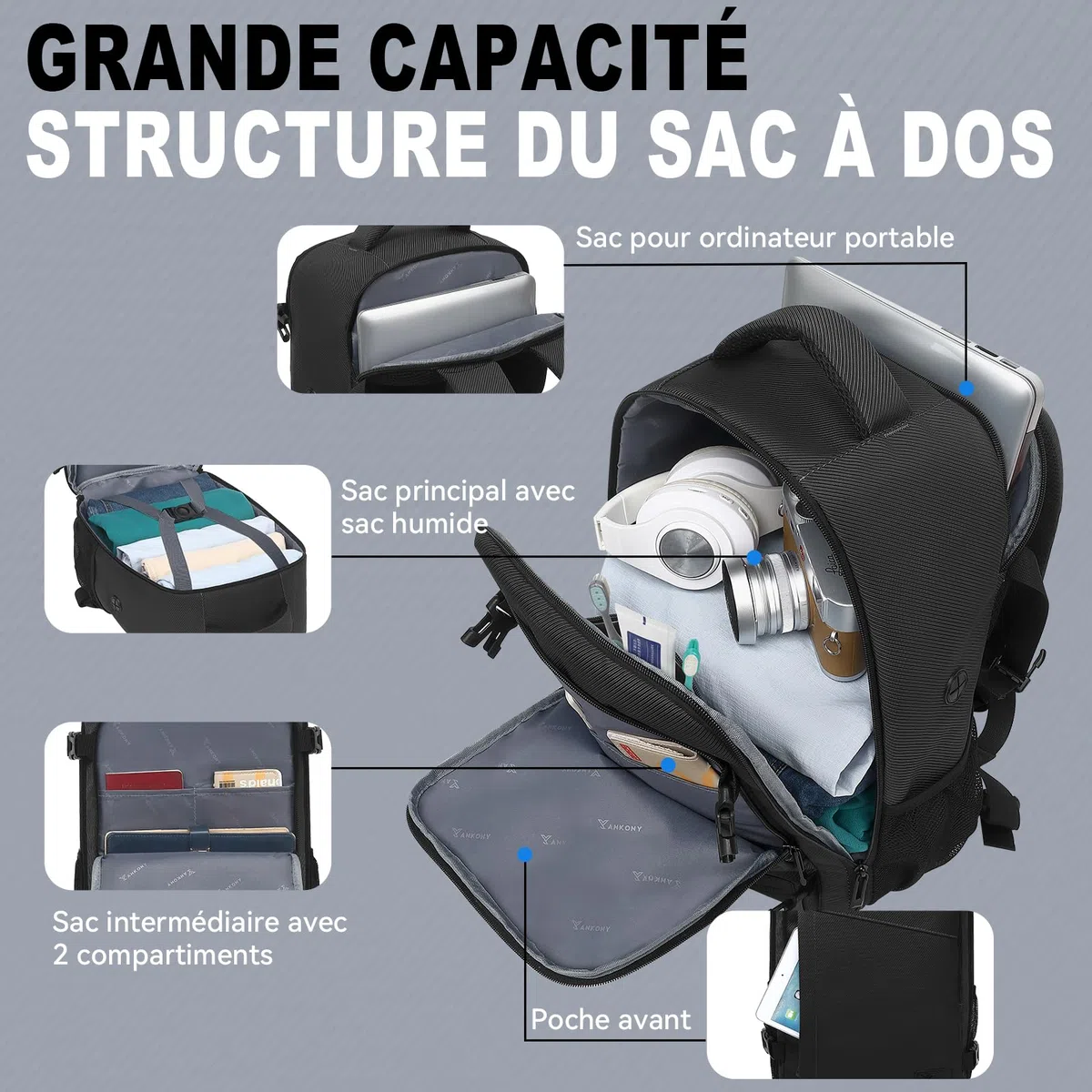 Yankony Sac a Dos Voyage Cabine Avion 45x36x20 pour Easyjet Sac de Voyage Résistant à l'eau & à Rayures Diagonales Homme Bagages Cabine sous Siège Femme sac à dos