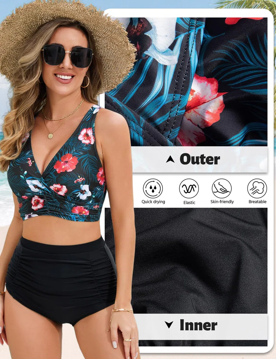 Svanco Maillots de Bain Femme Deux Pièces Gainant Ventre Plat Taille Haute Ensembles avec Attaches Bikini Set Push Up Col V Élégant
