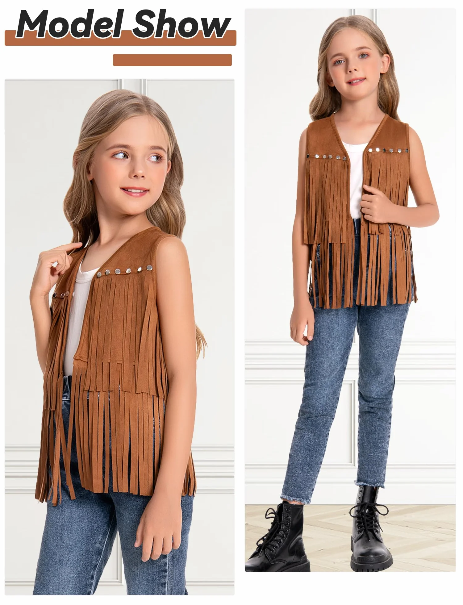 SEAUR Gilet à Franges pour Fille Hippie Gilet Cowgirl Western avec Rivets Veste Sans Manches en Similicuir Vêtements Style Années 60-70 Enfants 5-12 ans