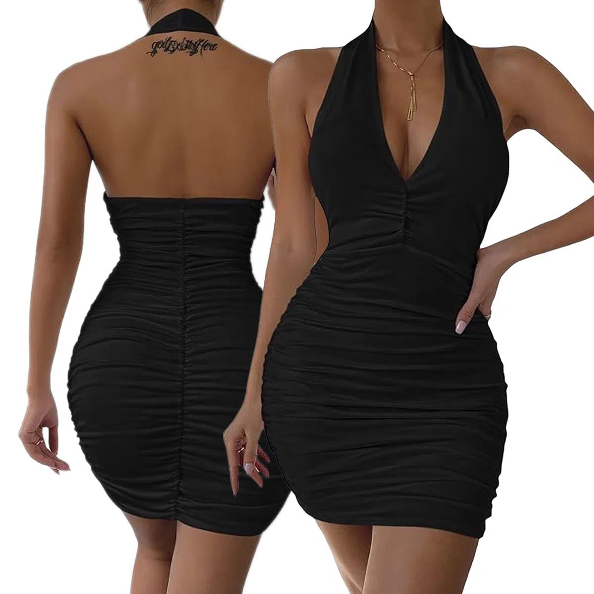 Robe de Soiré Sexy Femme avec Col en V Robe Moulante Mini Bodycon Robes sans Manches Col Licou Elegant Charme Courte Robe Dos Nu Été Clubbing Nuit Cocktail Robe Bal de Promo