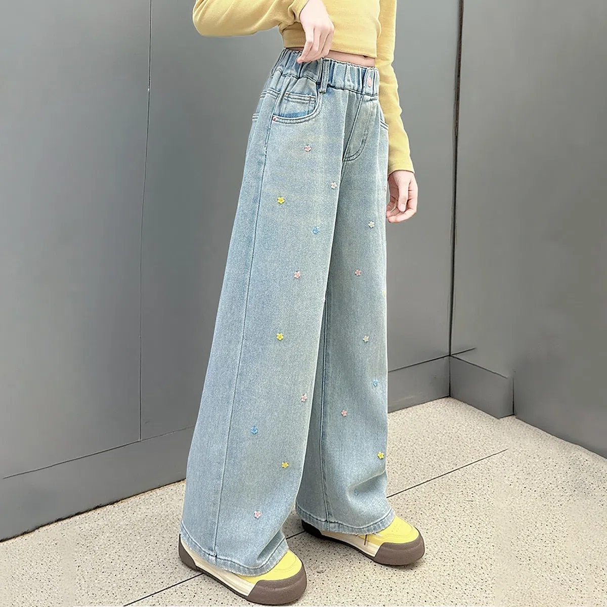 Pantalon de jogging baggy pour garçons et filles - Jean vieilli - Taille élastique - Baggy Denim - Pantalon large