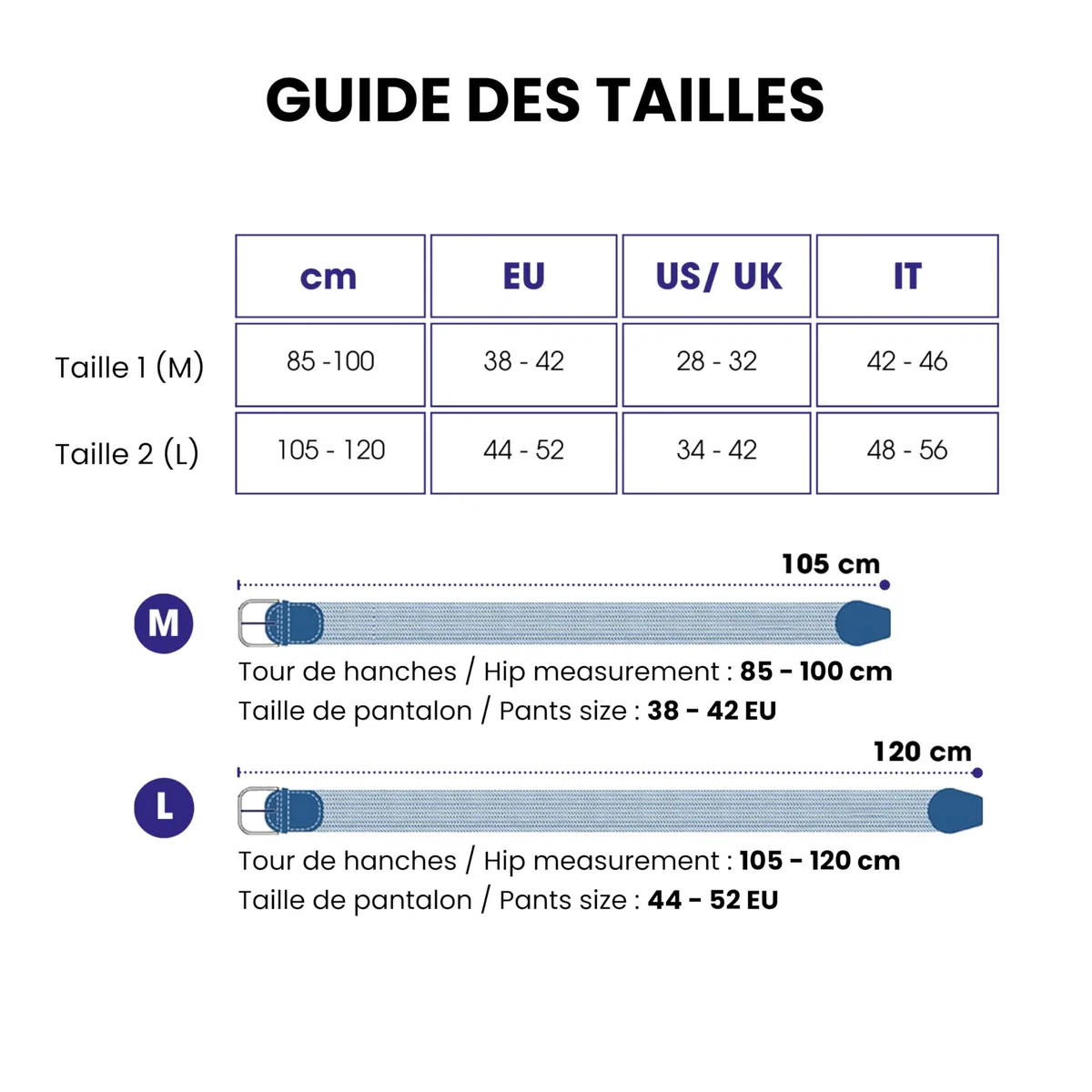 PIERROT Ceinture Tressée Élastique Made in France - Ceinture Elastique pour Hommes Étirable avec Tissu Souple 105cm à 120cm - Fabrication Artisanale Boucle en Acier & Finitions en Cuir