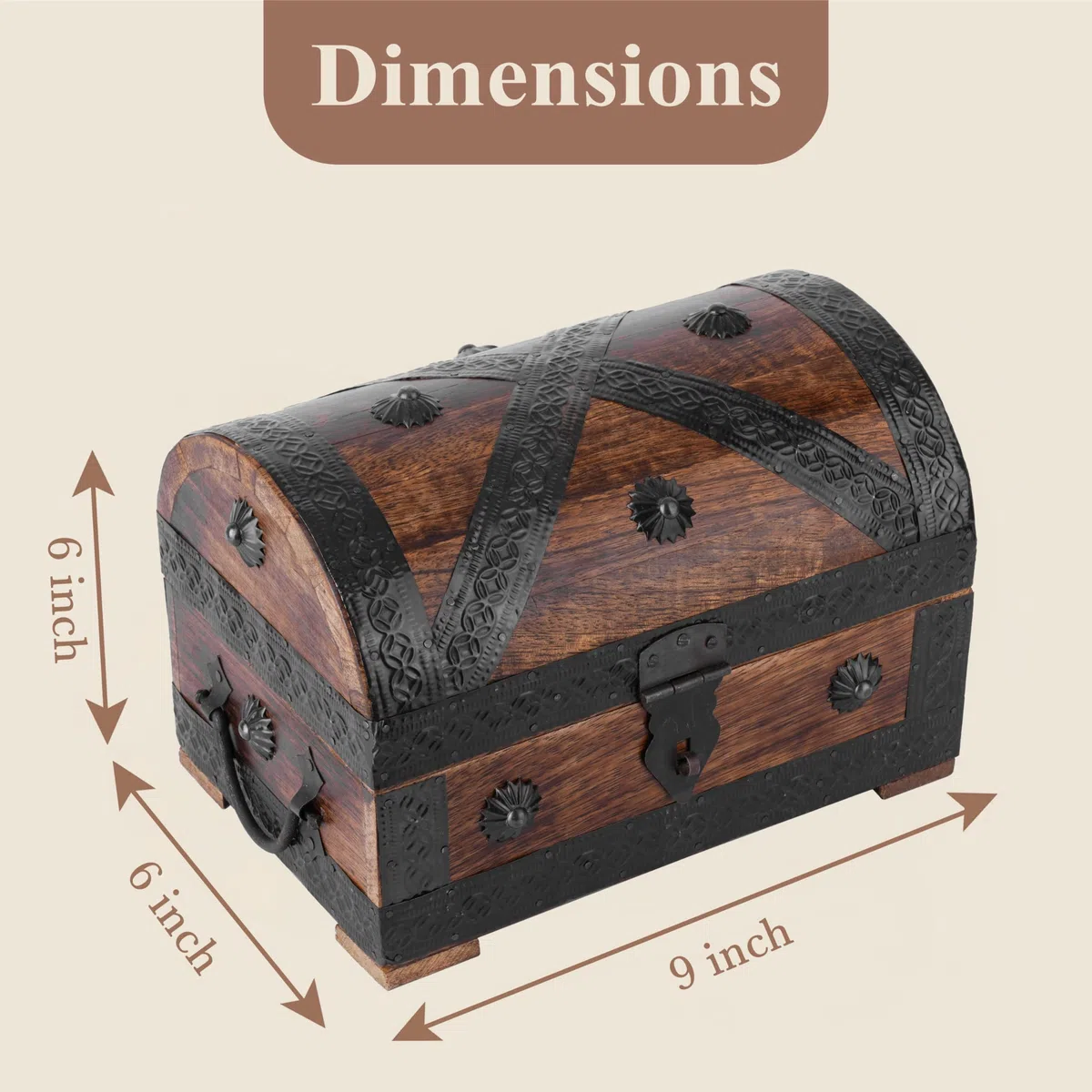 Ajuny Coffre à Bijoux Pirate en Bois de Manguier avec Serrure et Clé, Coffret au Trésor Vintage Fait Main Coquillages, Boîte de Rangement Bijoux Souvenirs Bibelots, 9 x 6 Pouces