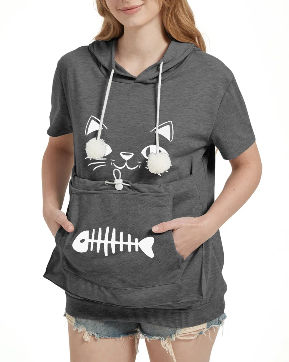 Sweat à Capuche à Manches Courtes pour Femme Chemisier avec Grande Poche Confortable Pull Chat Sweatshirt Hoodie Printemps Automne Été Pullover Blouse