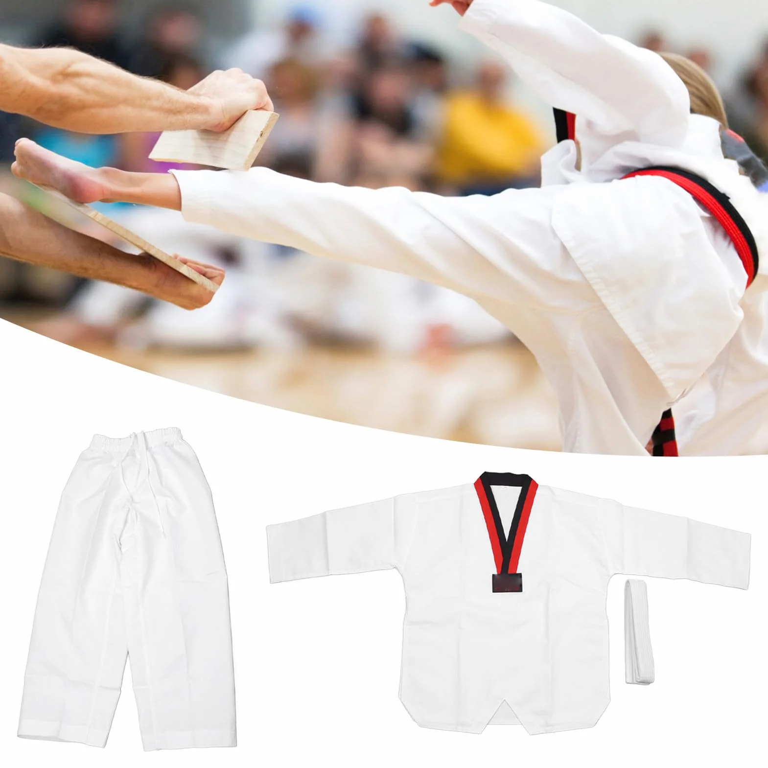 Combinaison de Taekwondo, Taille 136 à 146cm Uniforme d'entraînement de Taekwondo Confortable et Respirant Combinaison Dobok Uniforme d'entraînement d'étudiant léger pour Les enfan