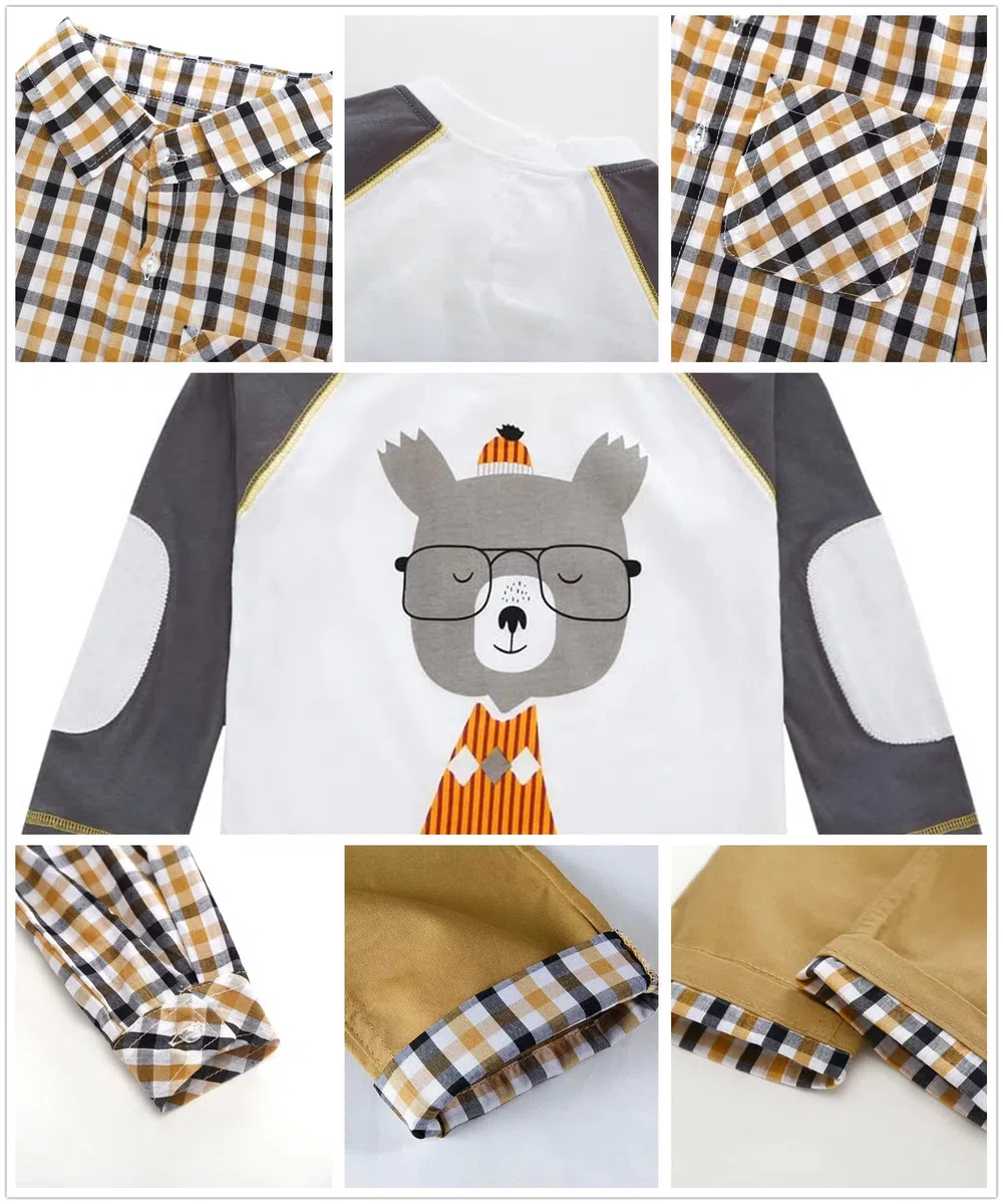 Sopo décontracté pour garçon Ensemble 3 pièces (T-shirt + Plaid Shirt + Pantalon Kaki) 1–5 Y