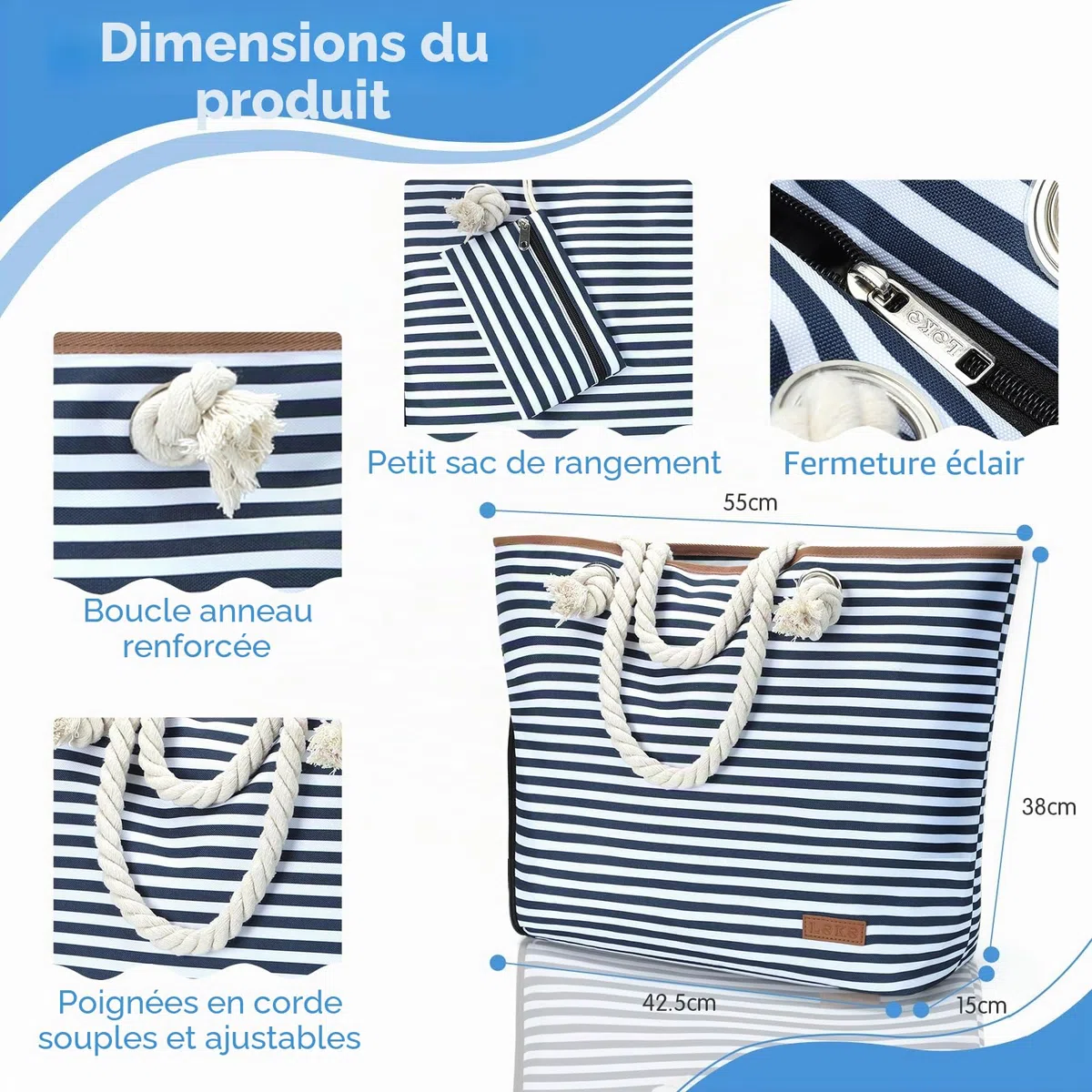 Grand sac de plage pour femme avec fermeture éclair, sac de bain polyvalent XXL, sac de sauna, sac de voyage, sac de plage, bleu à rayures, xxl